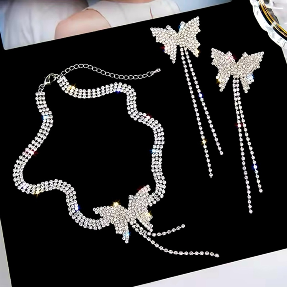 Butterfly Rhinestone Bling Choker Necklace & Earring Set